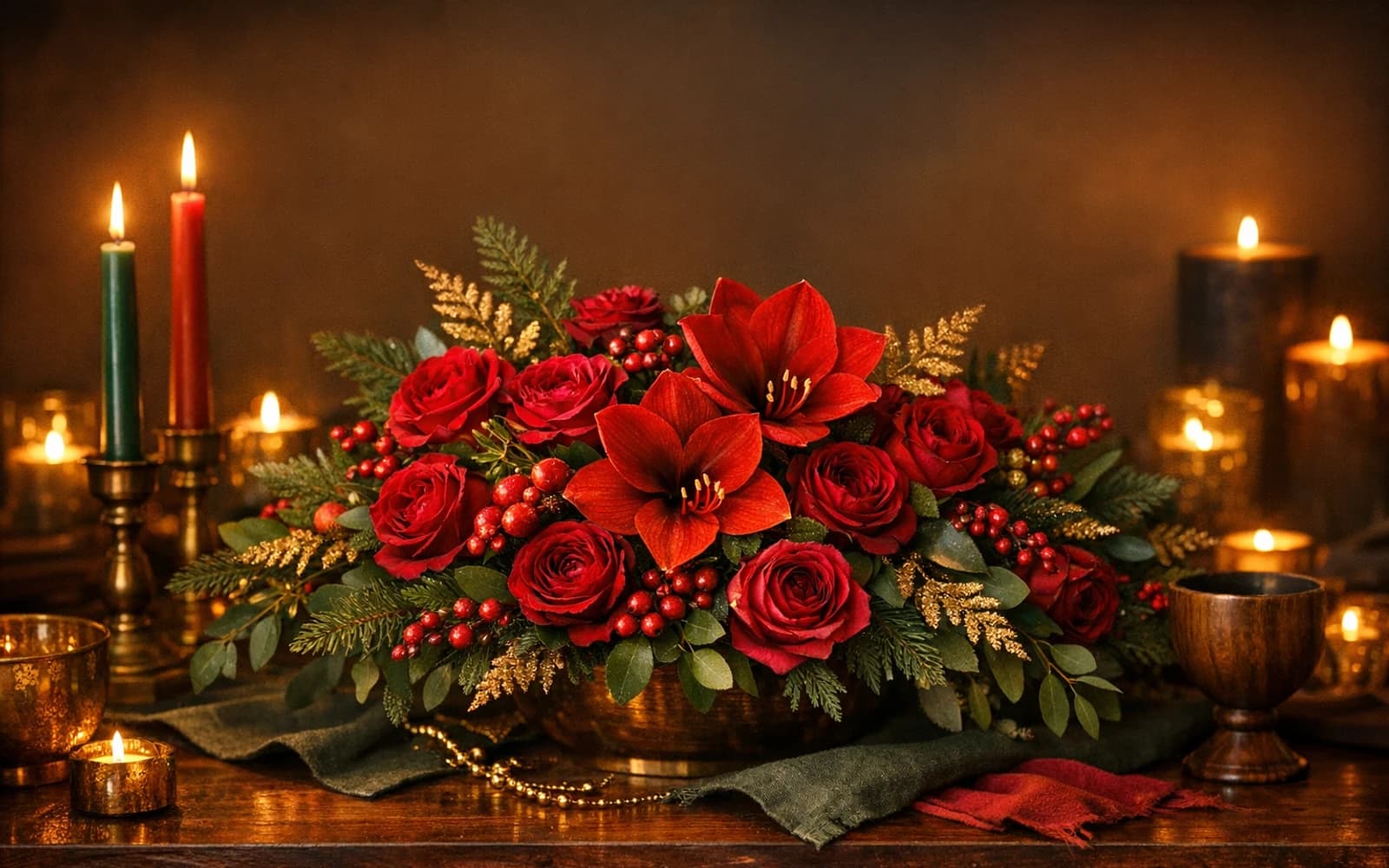 Kwanzaa flowers with garden roses, amaryllis, and winter greens, rich red, deep green, and warm gold color direction, and premium warm, communal, rich, and grounded styling from LiNa Garden