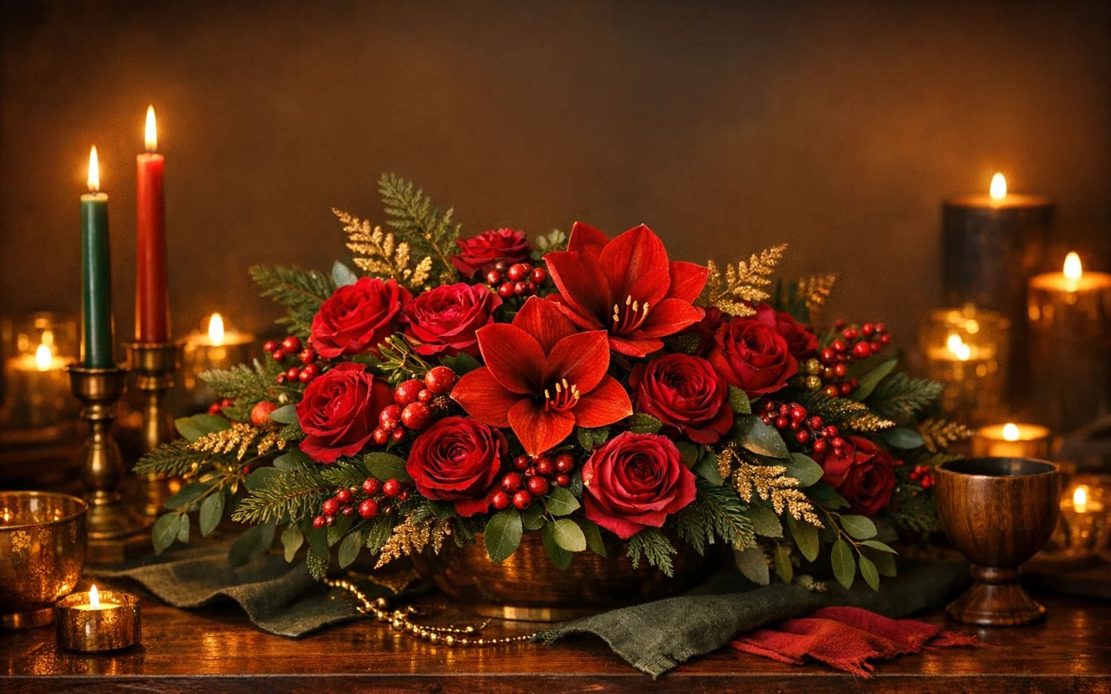 Kwanzaa flowers with garden roses, amaryllis, and winter greens, rich red, deep green, and warm gold color direction, and premium warm, communal, rich, and grounded styling from Lina Flowers