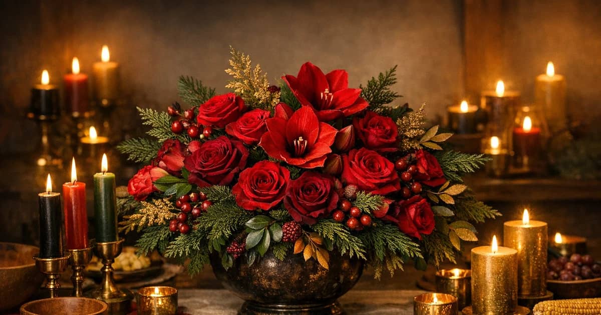 Kwanzaa flowers social share image with garden roses, amaryllis, and winter greens, rich red, deep green, and warm gold tones, and premium Lina Flowers styling