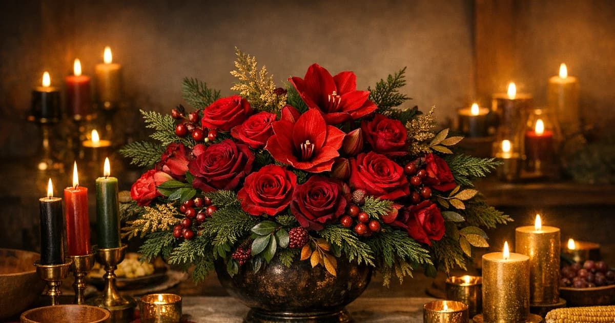 Kwanzaa flowers social share image with garden roses, amaryllis, and winter greens, rich red, deep green, and warm gold tones, and premium Lina Flowers styling