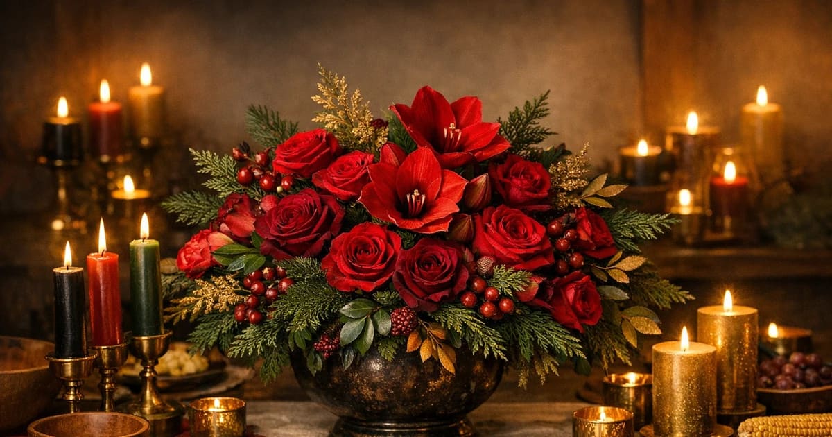 Kwanzaa flowers social share image with garden roses, amaryllis, and winter greens, rich red, deep green, and warm gold tones, and premium Lina Flowers styling
