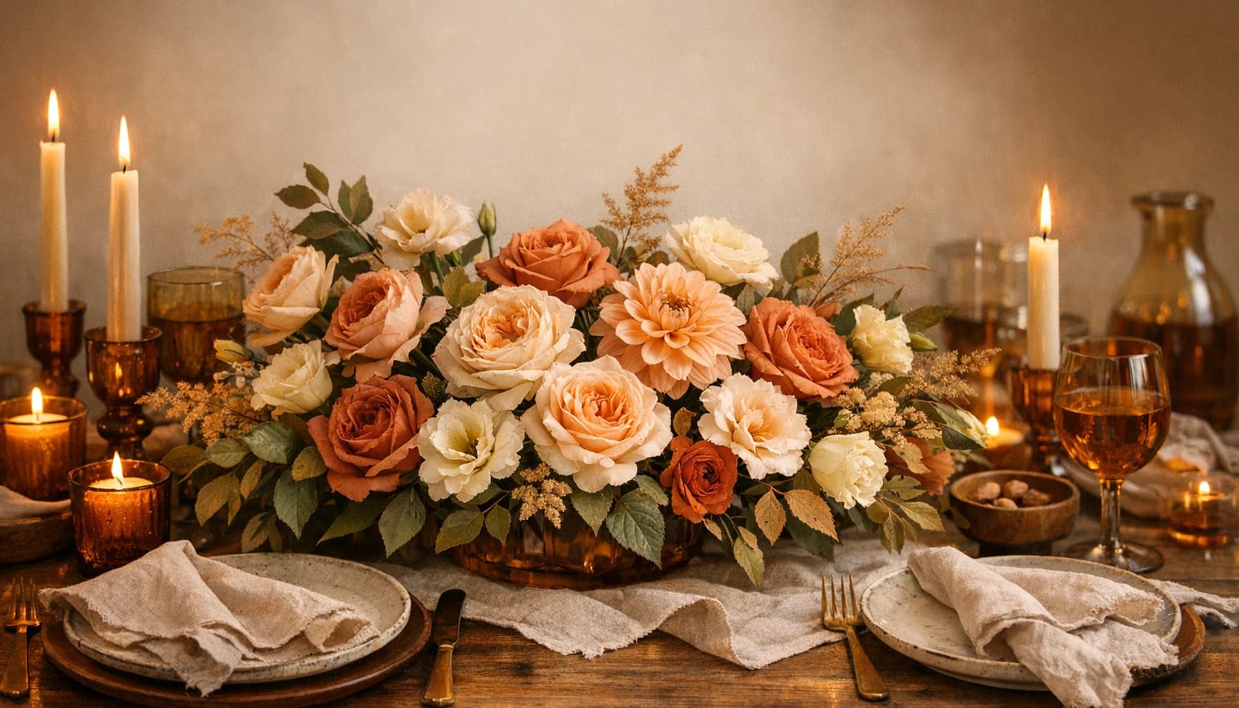Labor Day flowers collection banner with garden roses, dahlias, and lisianthus and relaxed, warm, textural, and season-shifting styling from Lina Flowers