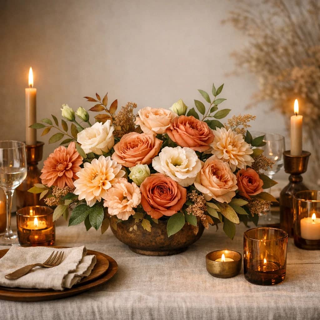 Labor Day flowers preview with garden roses, dahlias, and lisianthus in soft rust, peach sand, and garden cream tones from Lina Flowers