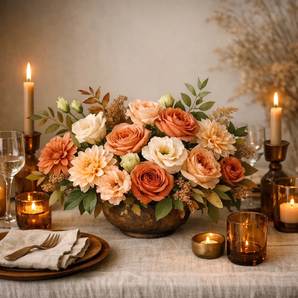 Labor Day flowers preview with garden roses, dahlias, and lisianthus in soft rust, peach sand, and garden cream tones from Lina Flowers