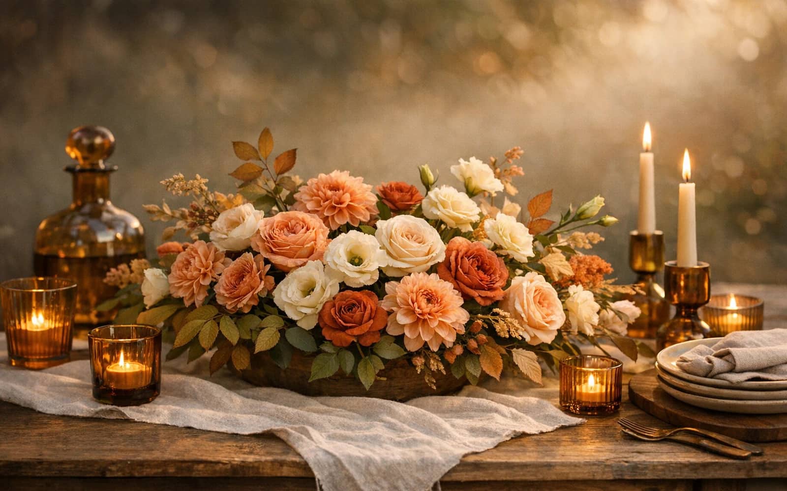 Labor Day flowers with garden roses, dahlias, and lisianthus, soft rust, peach sand, and garden cream color direction, and premium relaxed, warm, textural, and season-shifting styling from Lina Flowers