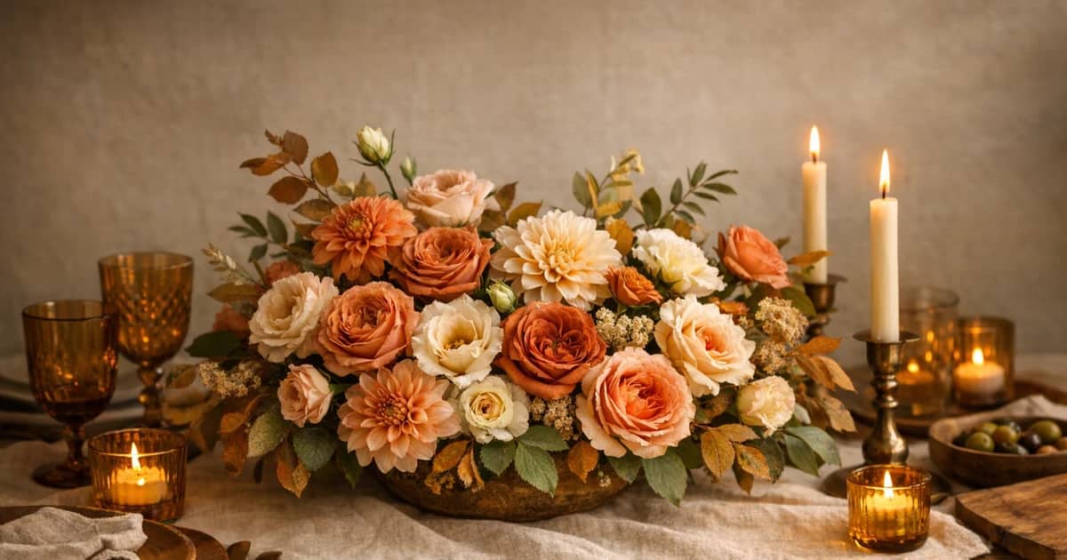 Labor Day flowers social share image with garden roses, dahlias, and lisianthus, soft rust, peach sand, and garden cream tones, and premium Lina Flowers styling
