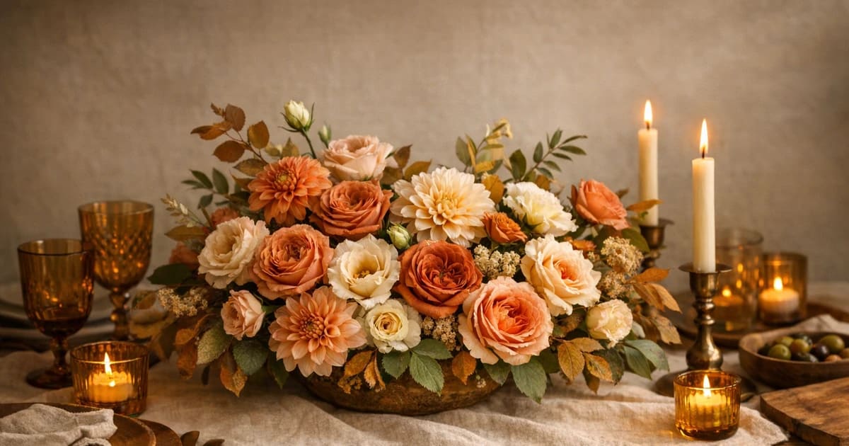 Labor Day flowers social share image with garden roses, dahlias, and lisianthus, soft rust, peach sand, and garden cream tones, and premium Lina Flowers styling