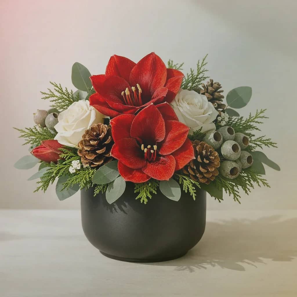Las Posadas flowers preview with poinsettias, red garden roses, and evergreen branches in poinsettia red, deep evergreen, and warm gold tones from Lina Flowers