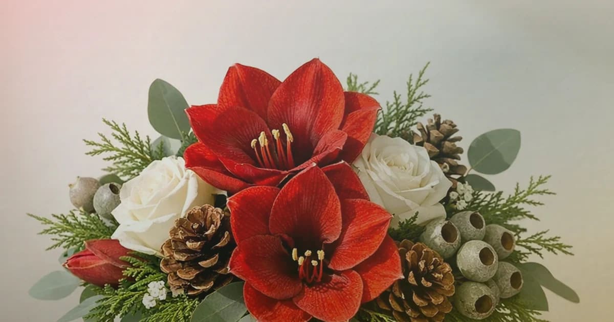 Las Posadas flowers social share image with poinsettias, red garden roses, and evergreen branches, poinsettia red, deep evergreen, and warm gold tones, and premium Lina Flowers styling