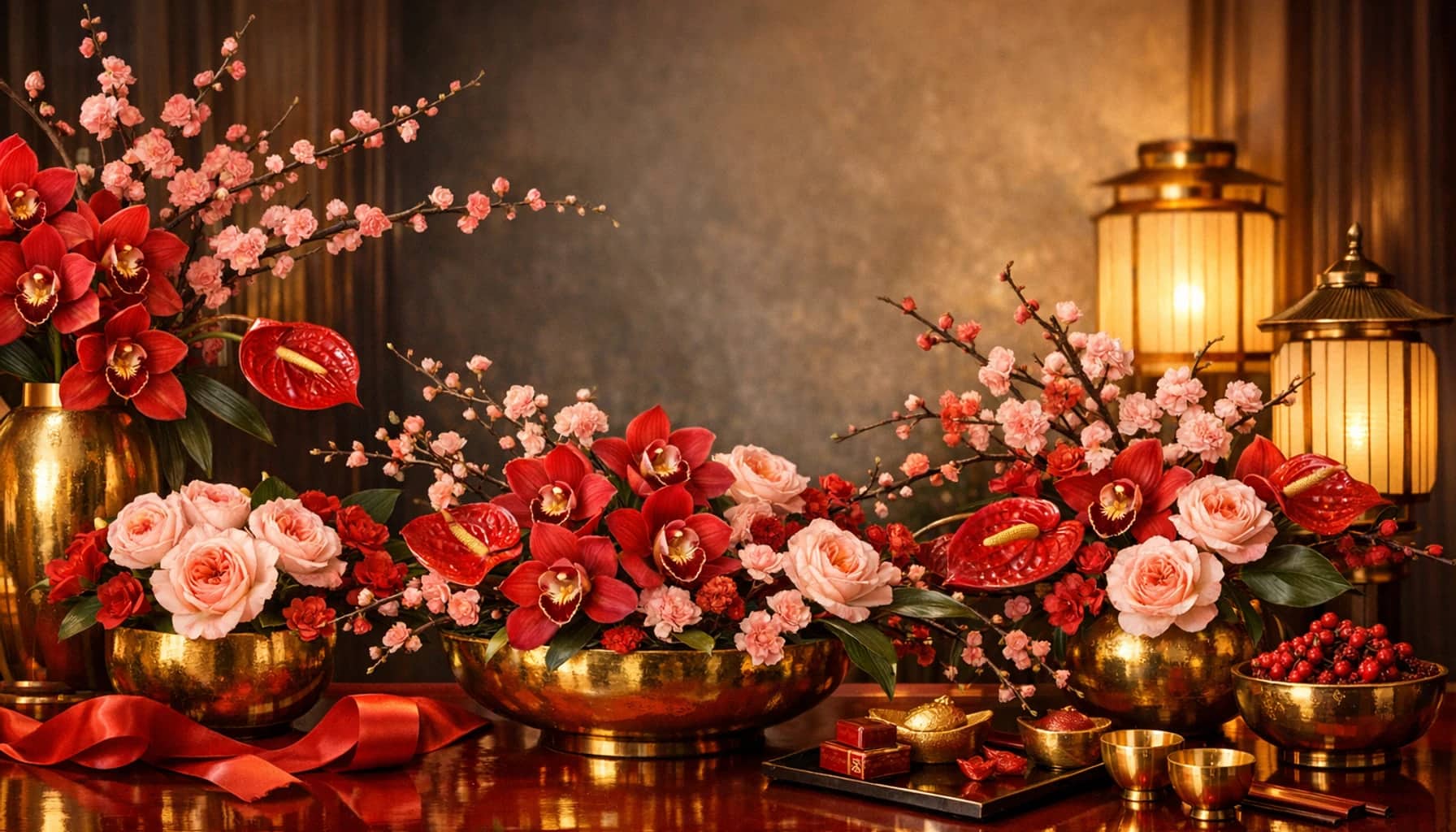 Lunar New Year flowers collection banner with cymbidium orchids, anthurium, and blossoming branches and auspicious, abundant, luminous, and celebratory styling from Lina Flowers