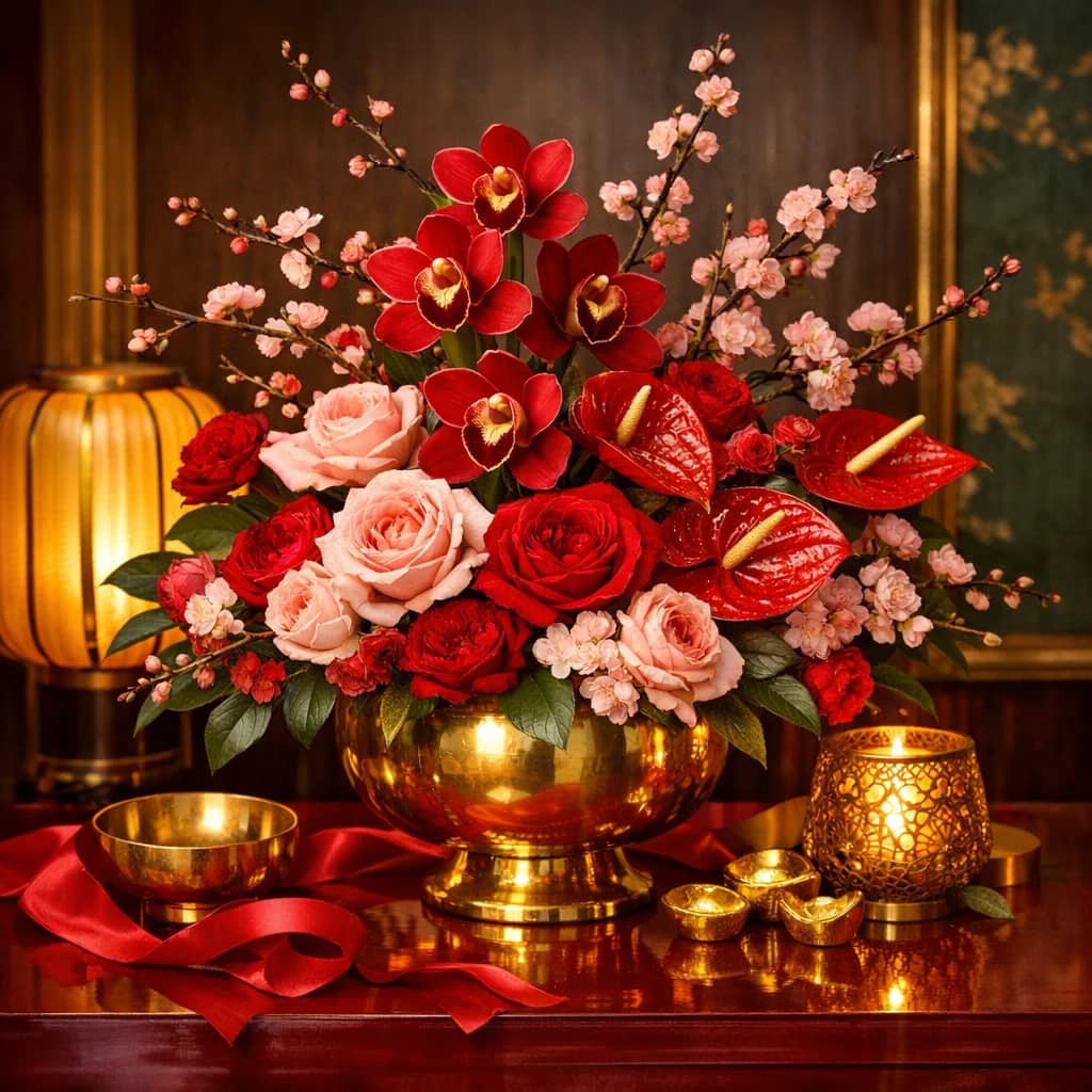 Lunar New Year flowers preview with cymbidium orchids, anthurium, and blossoming branches in auspicious red, imperial gold, and blush pink tones from Lina Flowers