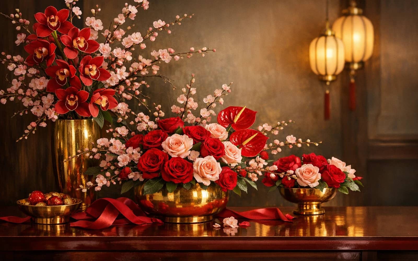 Lunar New Year flowers with cymbidium orchids, anthurium, and blossoming branches, auspicious red, imperial gold, and blush pink color direction, and premium auspicious, abundant, luminous, and celebratory styling from Lina Flowers