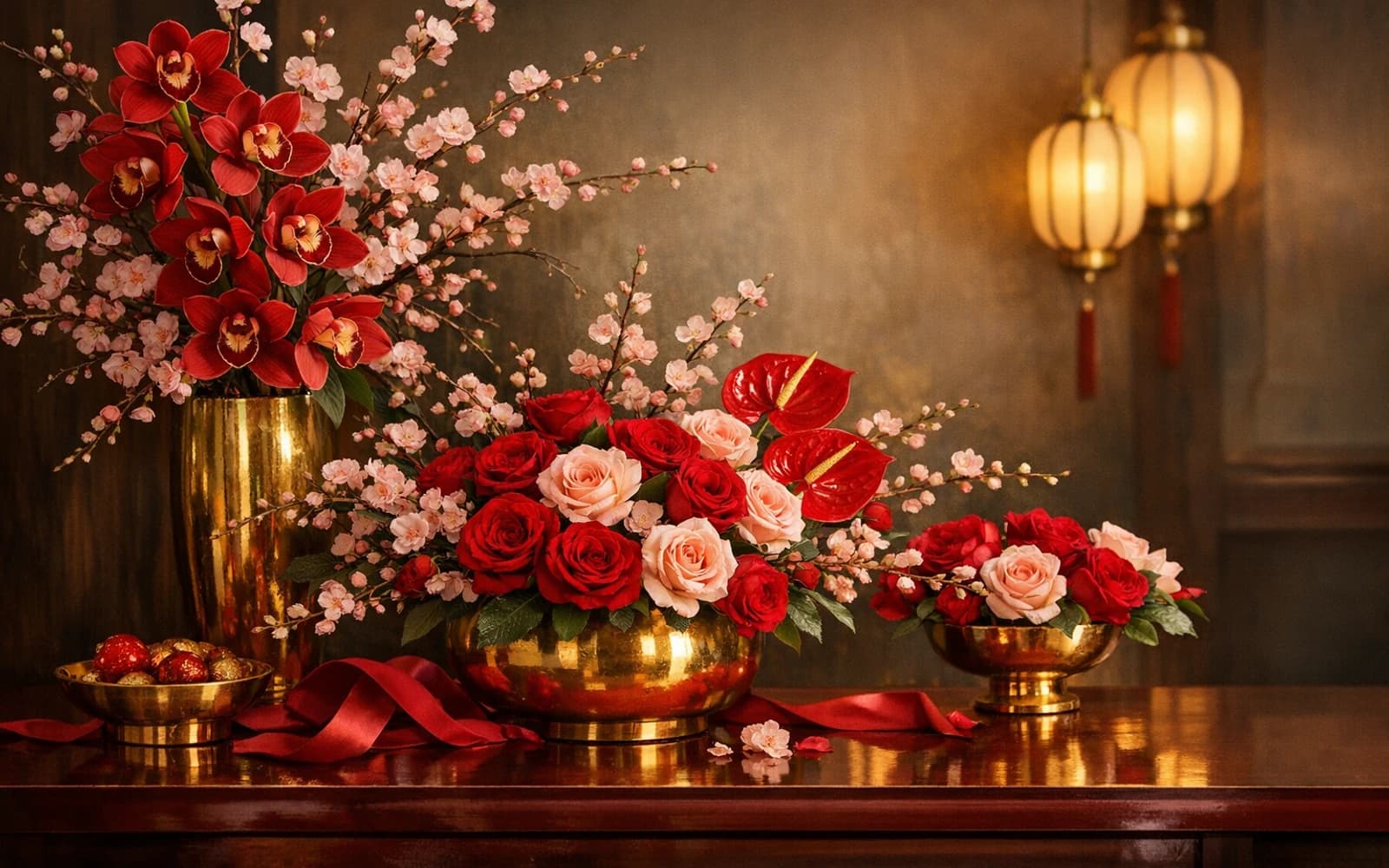Lunar New Year flowers with cymbidium orchids, anthurium, and blossoming branches, auspicious red, imperial gold, and blush pink color direction, and premium auspicious, abundant, luminous, and celebratory styling from LiNa Garden