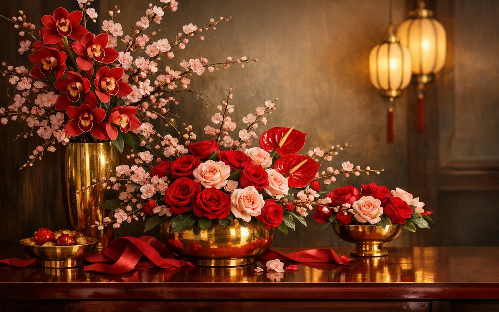 Lunar New Year flowers with cymbidium orchids, anthurium, and blossoming branches, auspicious red, imperial gold, and blush pink color direction, and premium auspicious, abundant, luminous, and celebratory styling from Lina Flowers