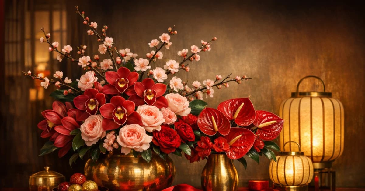 Lunar New Year flowers social share image with cymbidium orchids, anthurium, and blossoming branches, auspicious red, imperial gold, and blush pink tones, and premium LiNa Garden styling