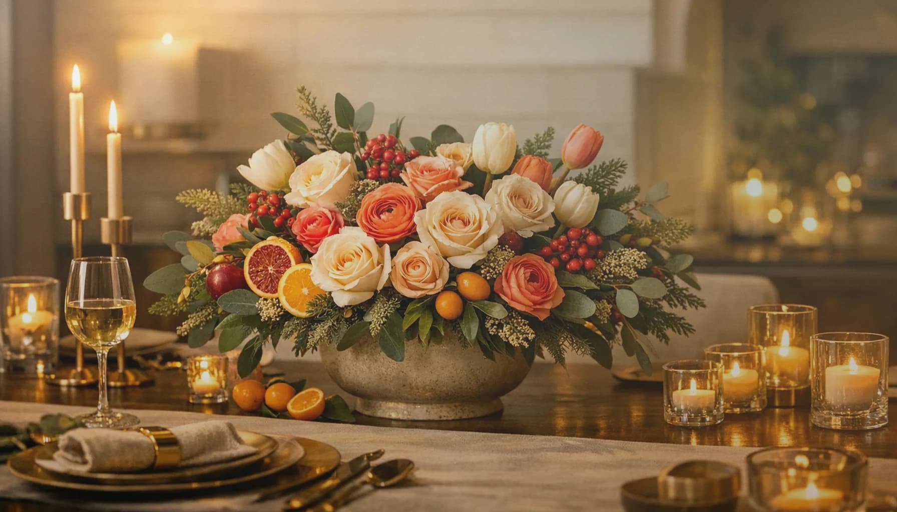 Martin Luther King Jr. Day flowers collection banner with cream roses, white tulips, and seeded eucalyptus and grounded, dignified, hopeful, and quietly luminous styling from Lina Flowers