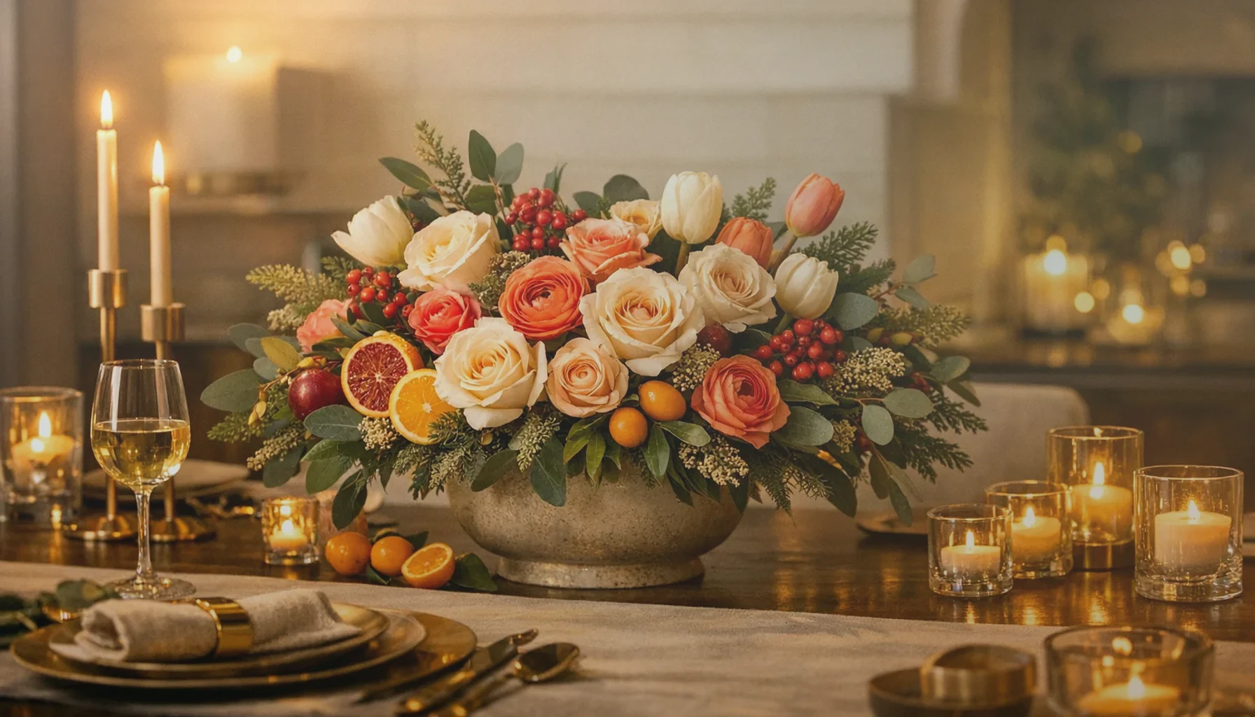 Martin Luther King Jr. Day flowers collection banner with cream roses, white tulips, and seeded eucalyptus and grounded, dignified, hopeful, and quietly luminous styling from Lina Flowers