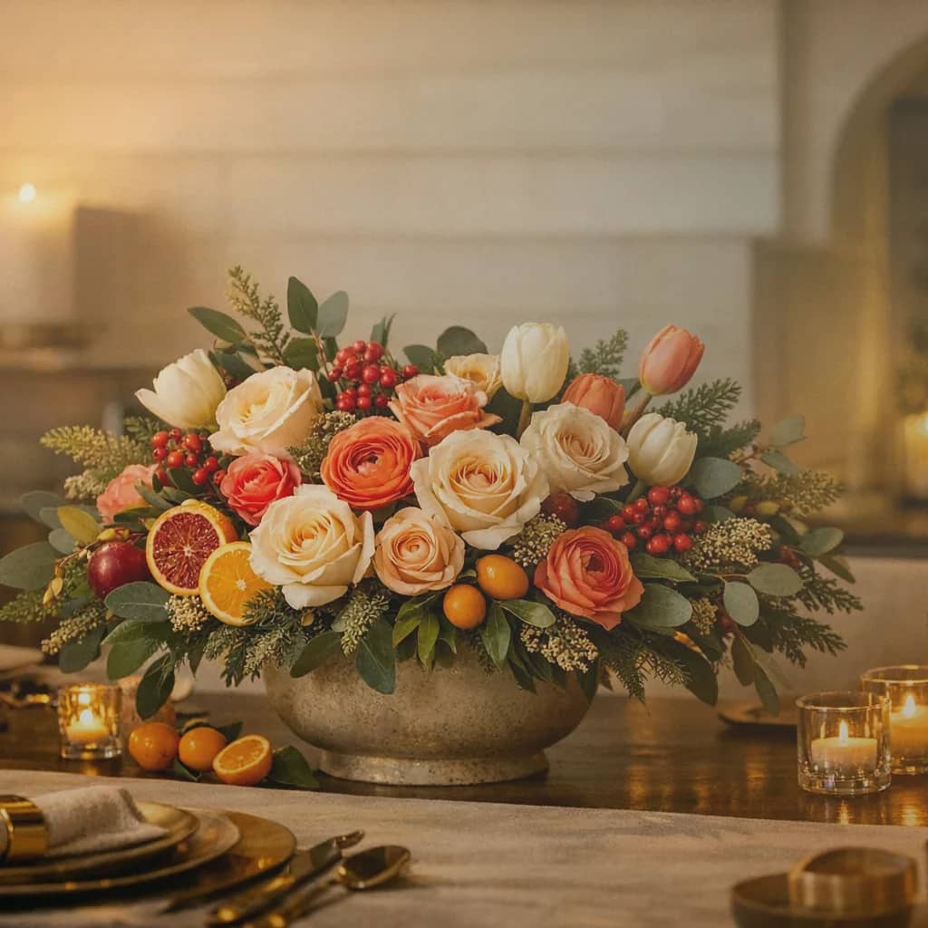 Martin Luther King Jr. Day flowers preview with cream roses, white tulips, and seeded eucalyptus in soft ivory, deep eucalyptus, and warm copper tones from Lina Flowers