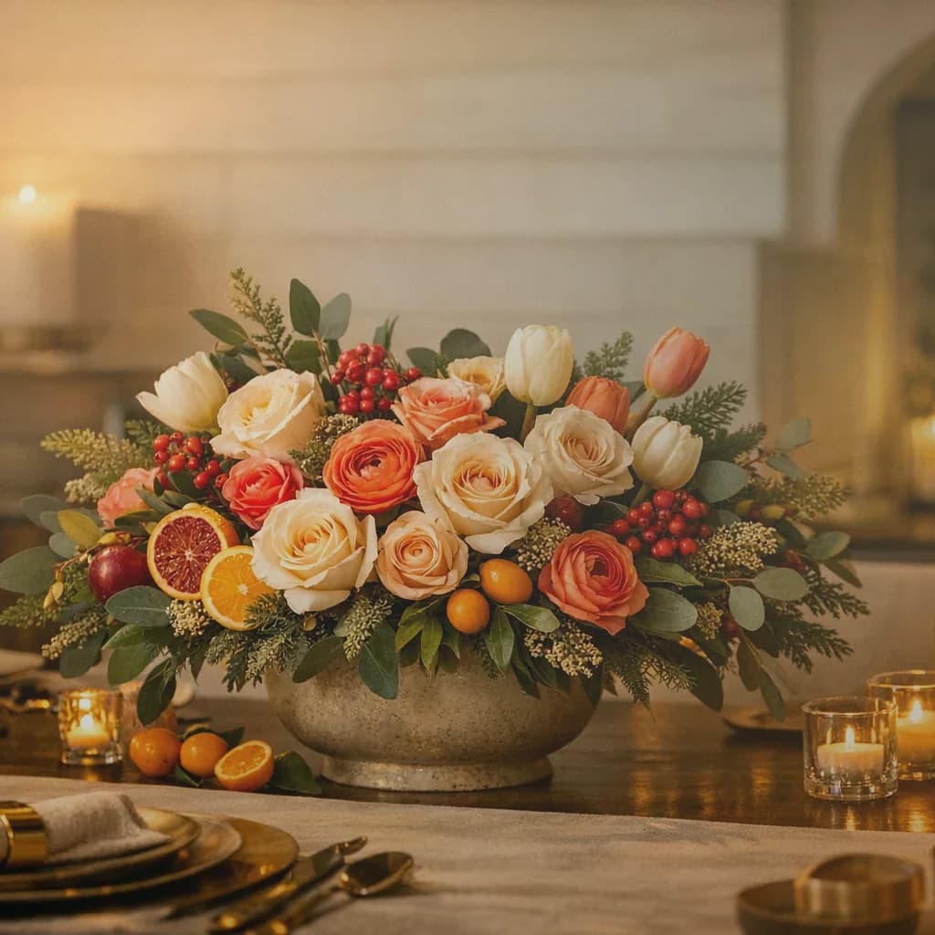 Martin Luther King Jr. Day flowers preview with cream roses, white tulips, and seeded eucalyptus in soft ivory, deep eucalyptus, and warm copper tones from Lina Flowers