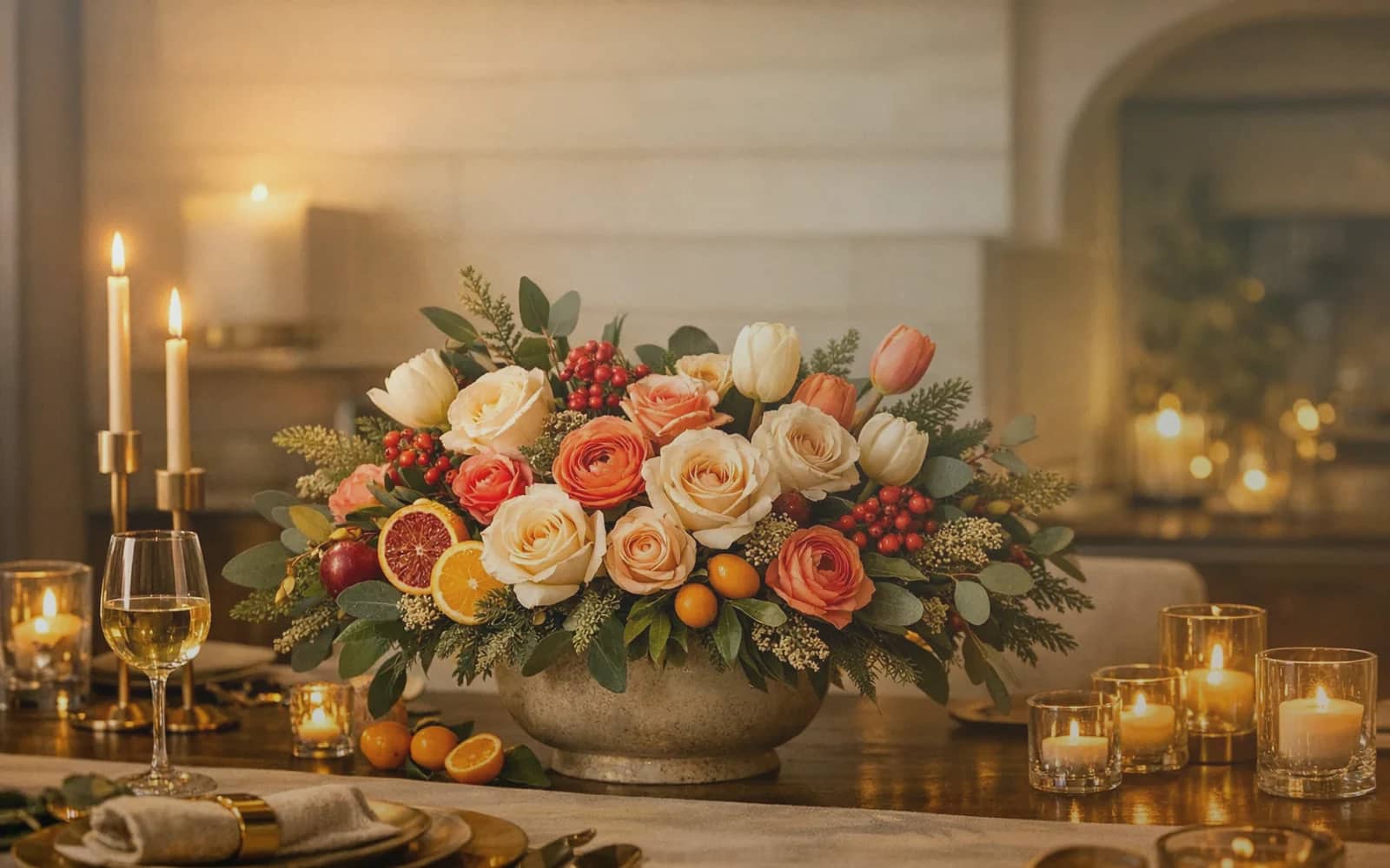 Martin Luther King Jr. Day flowers with cream roses, white tulips, and seeded eucalyptus, soft ivory, deep eucalyptus, and warm copper color direction, and premium grounded, dignified, hopeful, and quietly luminous styling from Lina Flowers