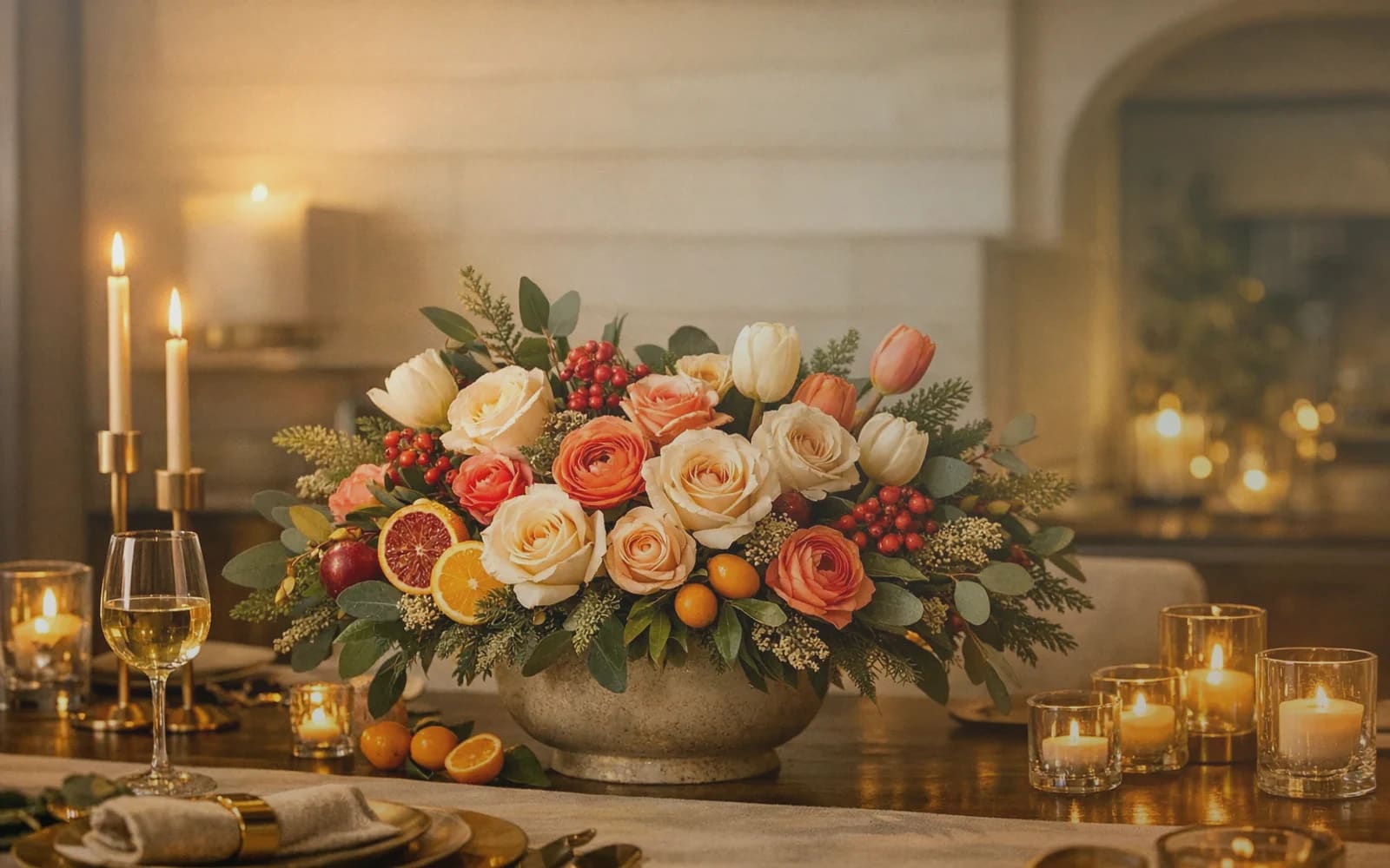 Martin Luther King Jr. Day flowers with cream roses, white tulips, and seeded eucalyptus, soft ivory, deep eucalyptus, and warm copper color direction, and premium grounded, dignified, hopeful, and quietly luminous styling from Lina Flowers