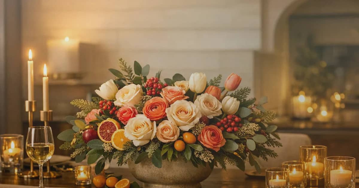 Martin Luther King Jr. Day flowers social share image with cream roses, white tulips, and seeded eucalyptus, soft ivory, deep eucalyptus, and warm copper tones, and premium Lina Flowers styling