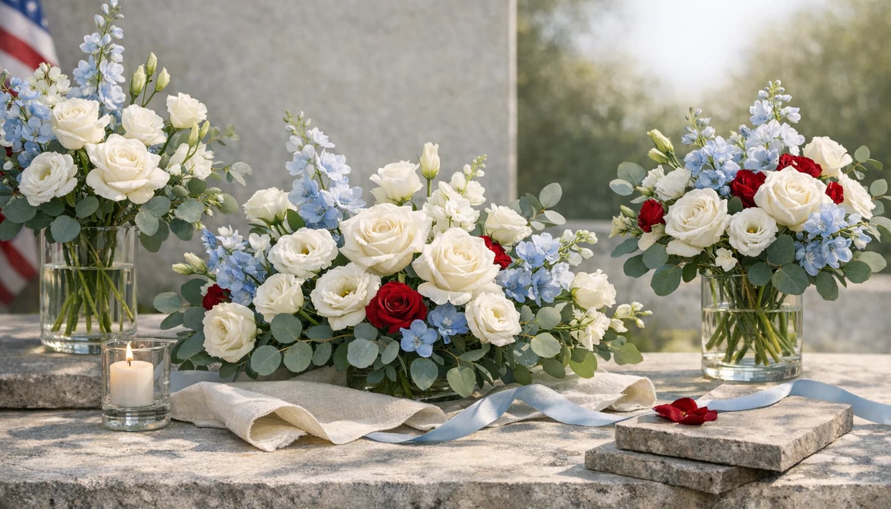 Memorial Day flowers collection banner with white roses, delphinium, and lisianthus and dignified, respectful, clear, and quietly ceremonial styling from LiNa Garden