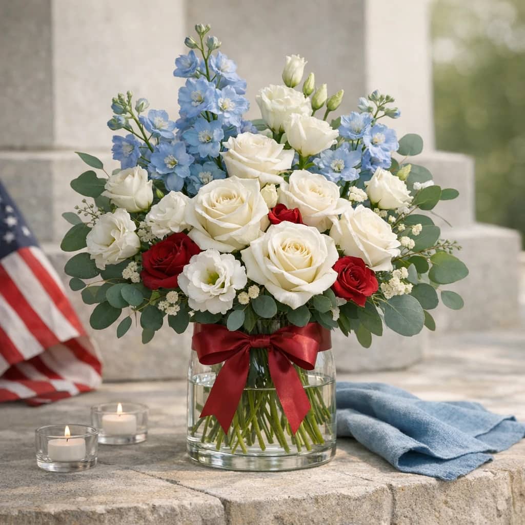 Memorial Day flowers preview with white roses, delphinium, and lisianthus in white, deep red, and patina blue tones from Lina Flowers
