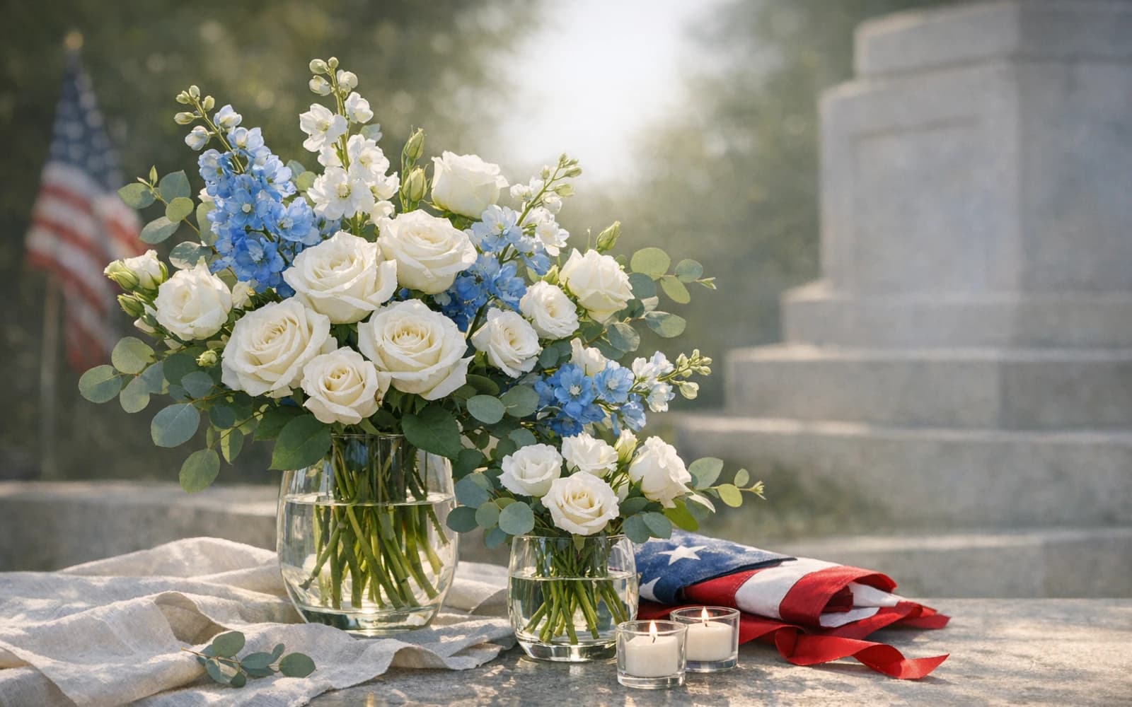 Memorial Day flowers with white roses, delphinium, and lisianthus, white, deep red, and patina blue color direction, and premium dignified, respectful, clear, and quietly ceremonial styling from LiNa Garden