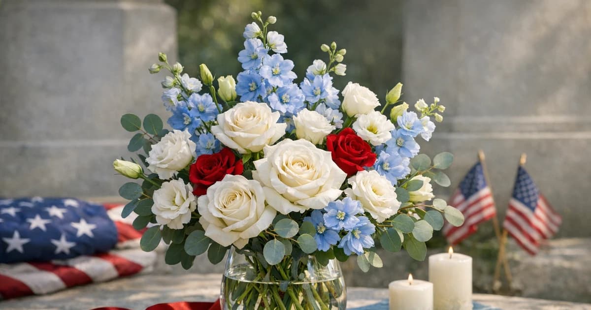 Memorial Day flowers social share image with white roses, delphinium, and lisianthus, white, deep red, and patina blue tones, and premium Lina Flowers styling