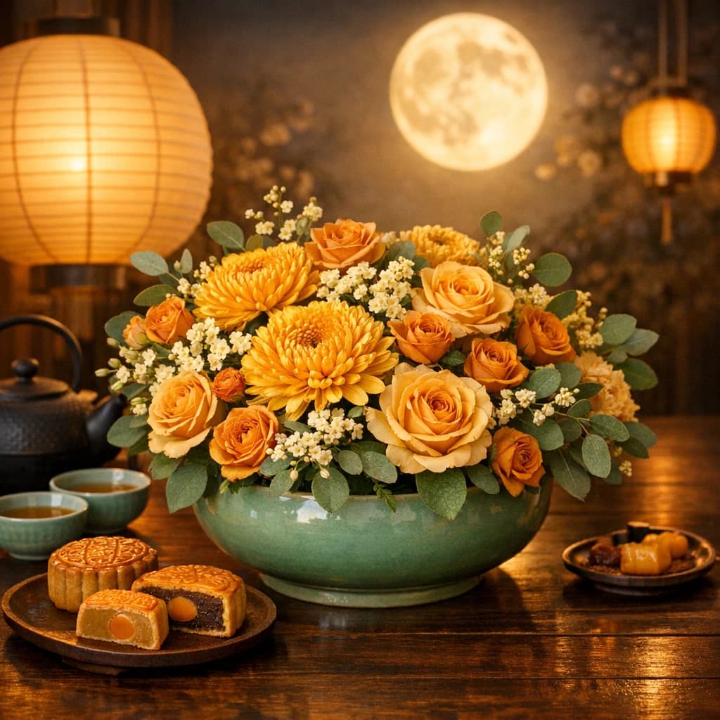 Mid-Autumn Festival flowers preview with golden chrysanthemums, osmanthus, and butterscotch roses in lantern gold, harvest amber, and osmanthus cream tones from Lina Flowers