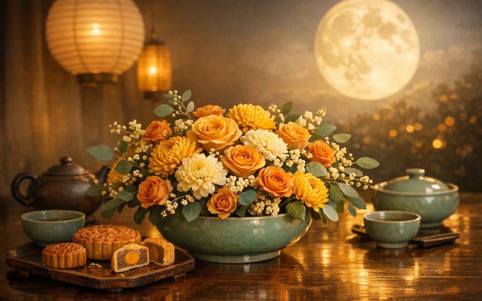 Mid-Autumn Festival flowers collection banner with golden chrysanthemums, osmanthus, and butterscotch roses and warm, fragrant, reunited, glowing styling from Lina Flowers