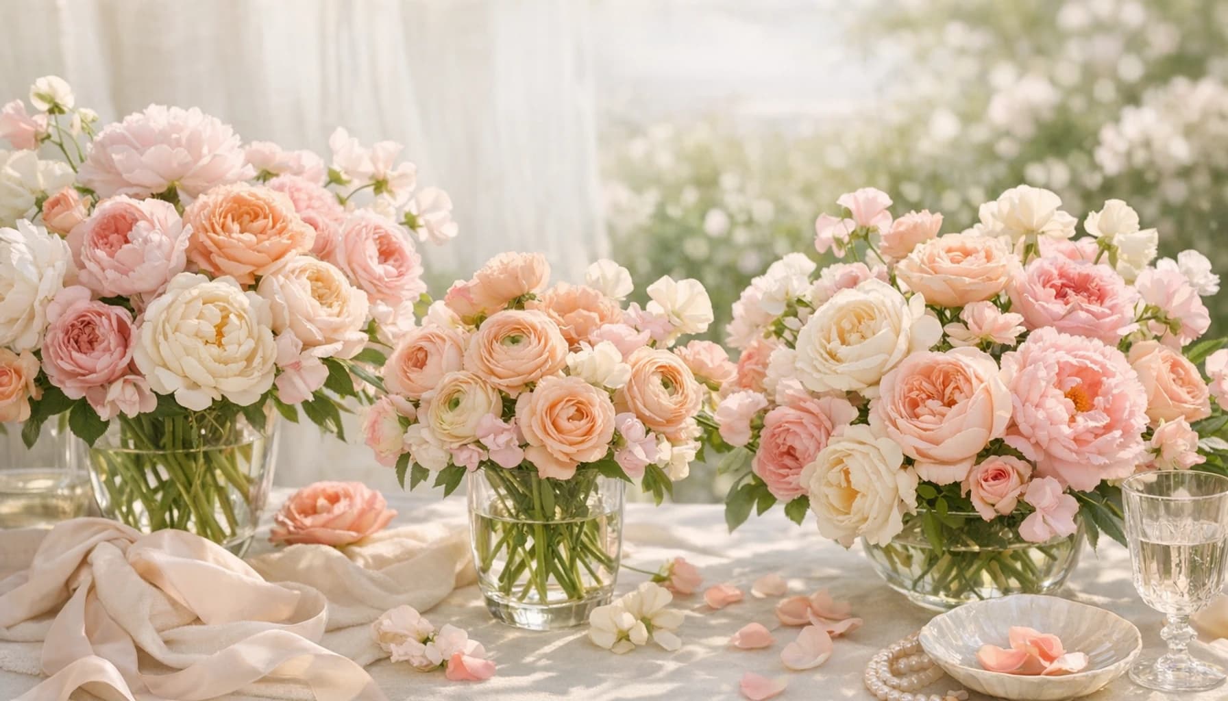 Mother's Day flowers collection banner with peonies, garden roses, and ranunculus and heartfelt, generous, elegant, and spring-rich styling from LiNa Garden