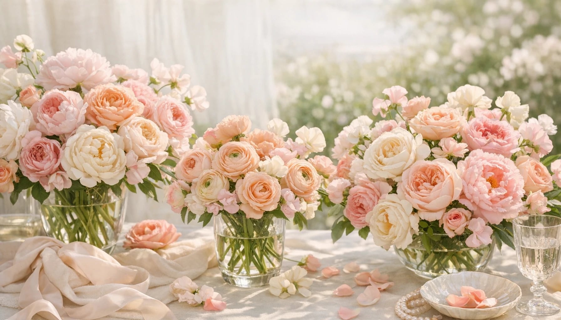 Mother's Day flowers collection banner with peonies, garden roses, and ranunculus and heartfelt, generous, elegant, and spring-rich styling from Lina Flowers