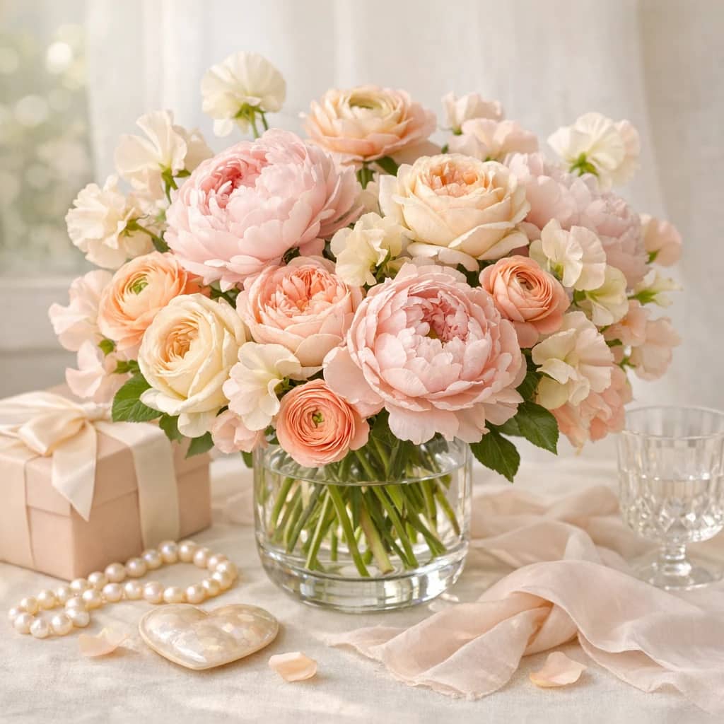Mother's Day flowers preview with peonies, garden roses, and ranunculus in blush pink, peach cream, and soft coral tones from Lina Flowers
