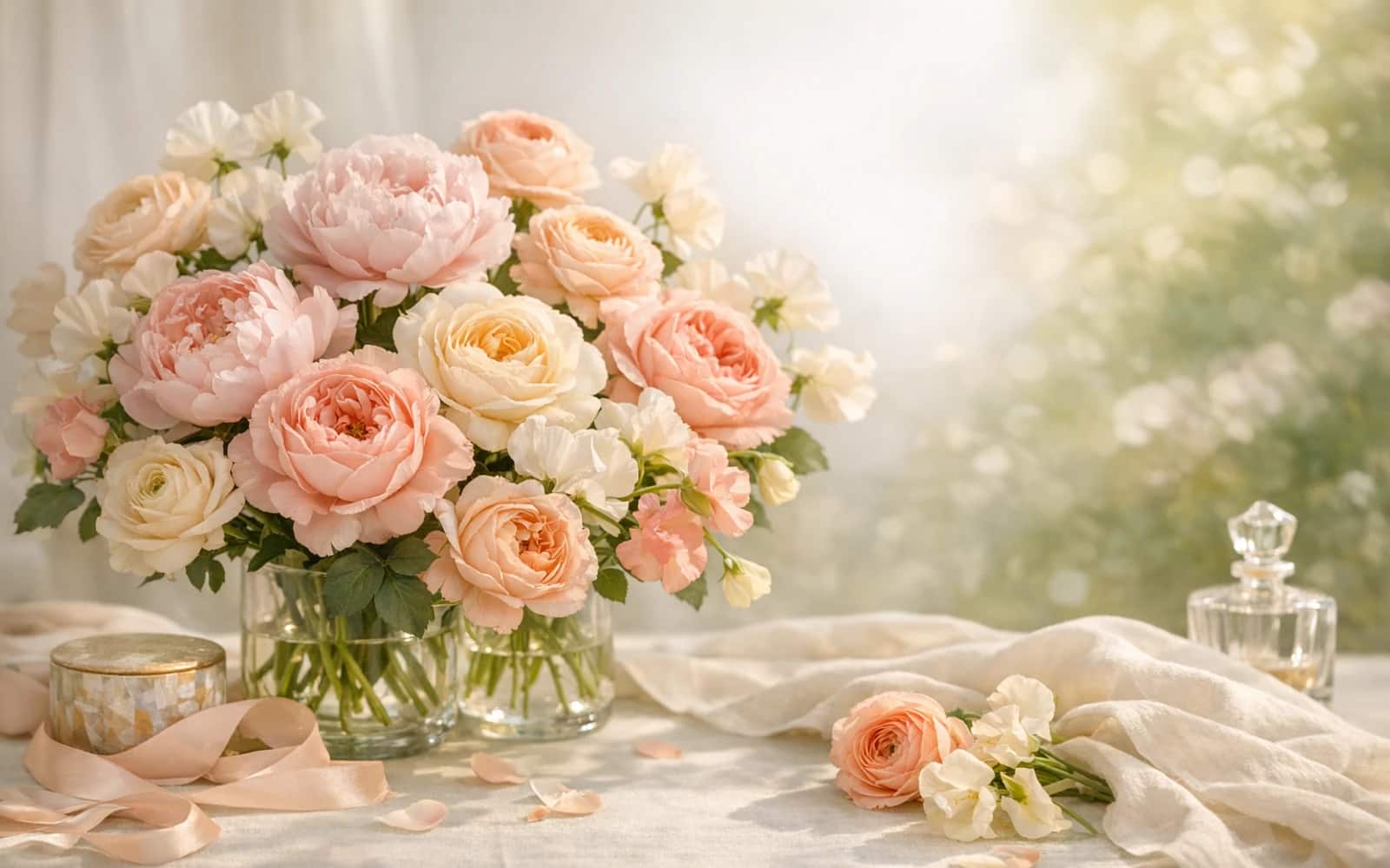 Mother's Day flowers with peonies, garden roses, and ranunculus, blush pink, peach cream, and soft coral color direction, and premium heartfelt, generous, elegant, and spring-rich styling from Lina Flowers