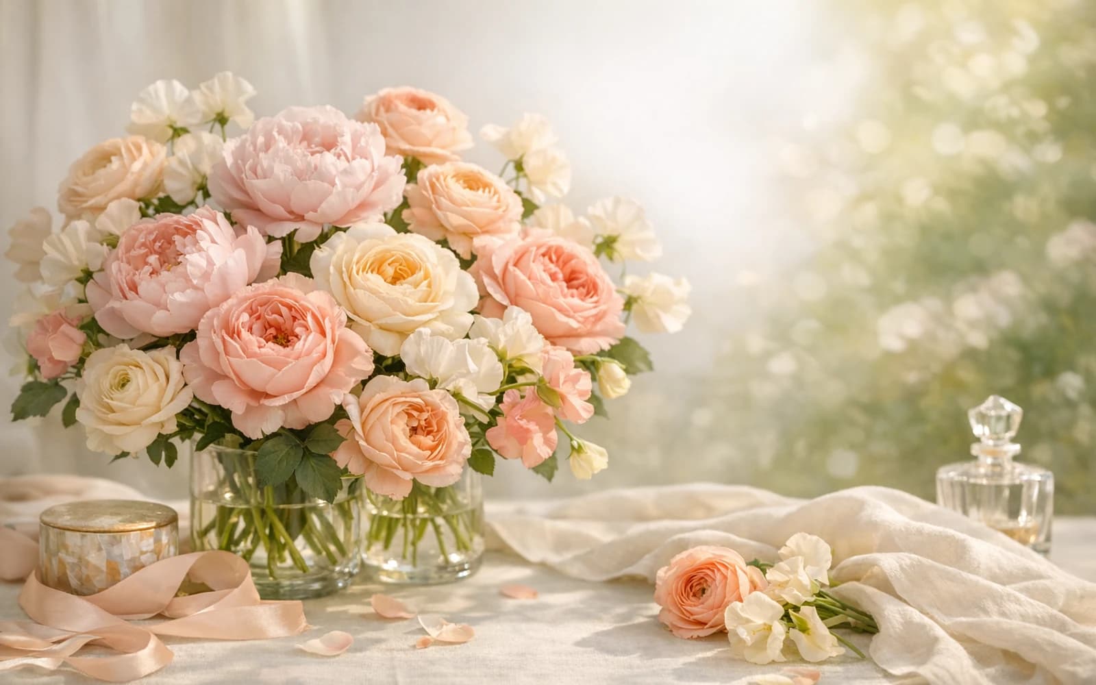 Mother's Day flowers with peonies, garden roses, and ranunculus, blush pink, peach cream, and soft coral color direction, and premium heartfelt, generous, elegant, and spring-rich styling from LiNa Garden