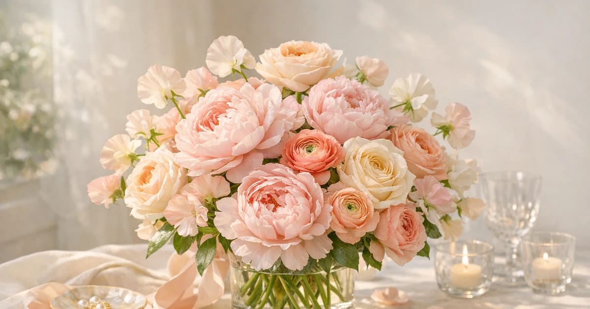 Mother's Day flowers social share image with peonies, garden roses, and ranunculus, blush pink, peach cream, and soft coral tones, and premium Lina Flowers styling