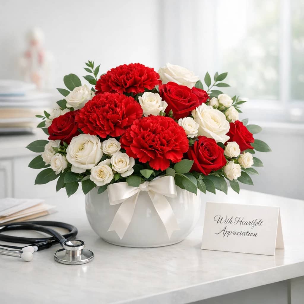 National Doctors' Day flowers preview with red carnations, red roses, and white roses in carnation red, deep rose, and clean white tones from Lina Flowers