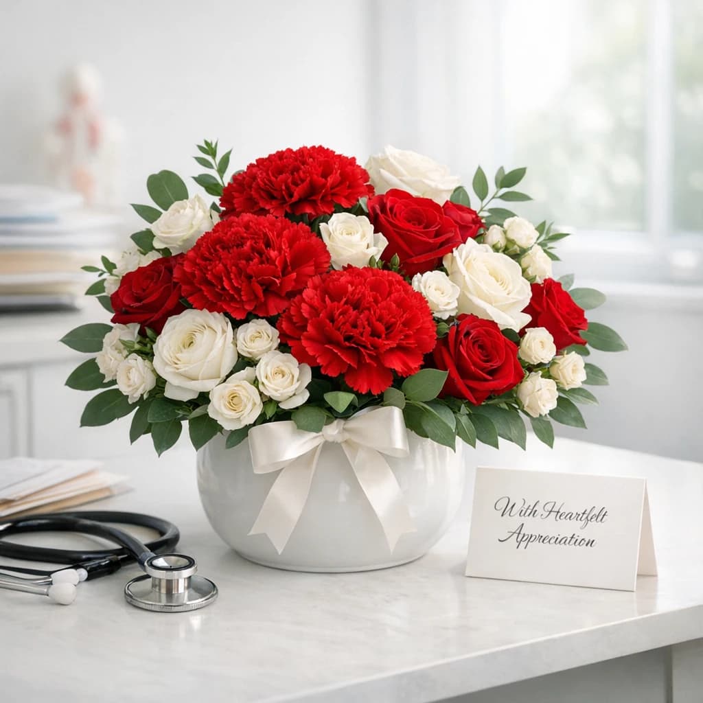 National Doctors' Day flowers preview with red carnations, red roses, and white roses in carnation red, deep rose, and clean white tones from Lina Flowers