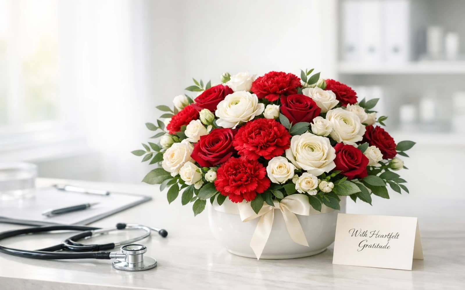 National Doctors' Day flowers with red carnations, red roses, and white roses, carnation red, deep rose, and clean white color direction, and premium grateful, professional, dignified, warm styling from Lina Flowers