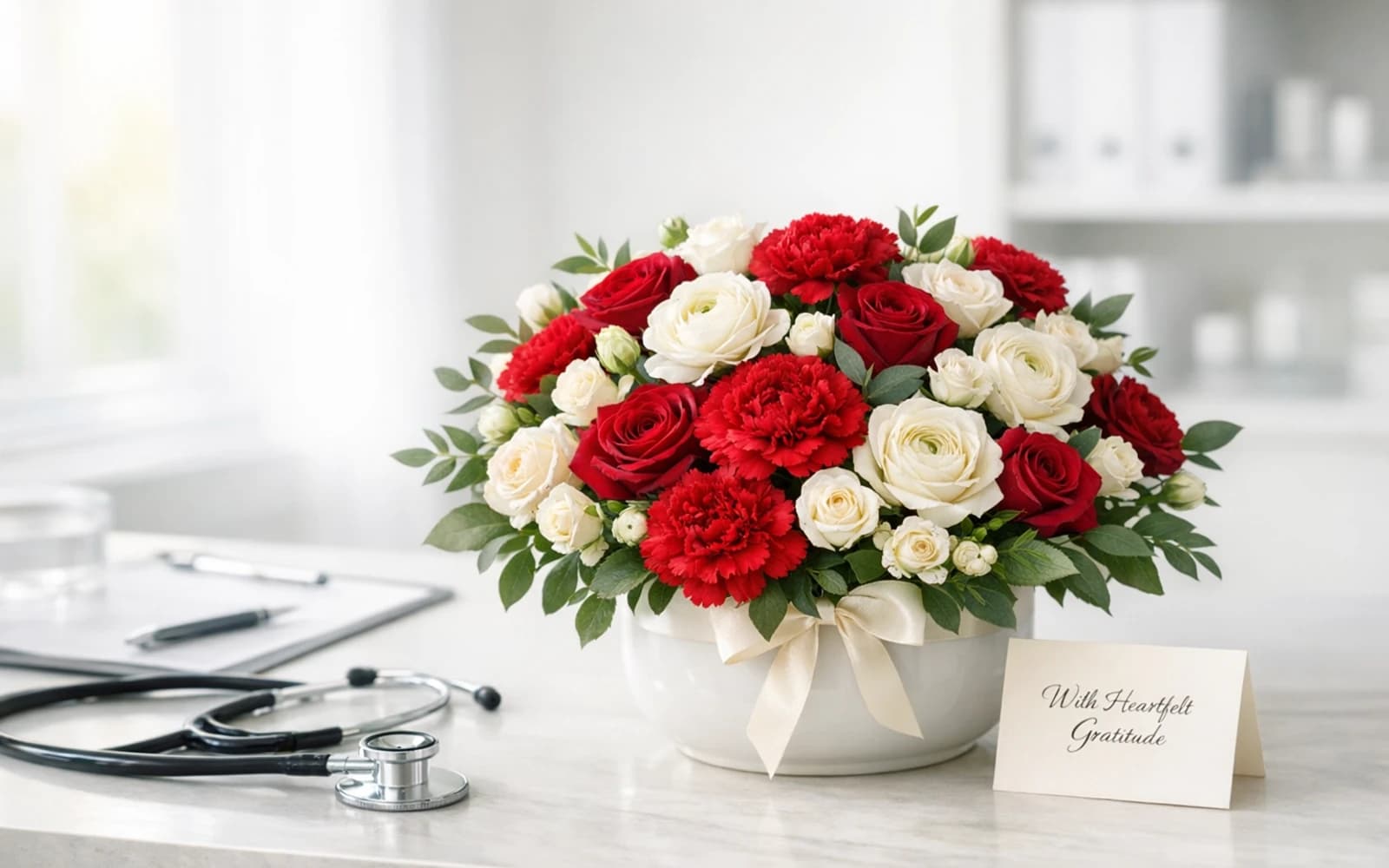 National Doctors' Day flowers collection banner with red carnations, red roses, and white roses and grateful, professional, dignified, warm styling from Lina Flowers
