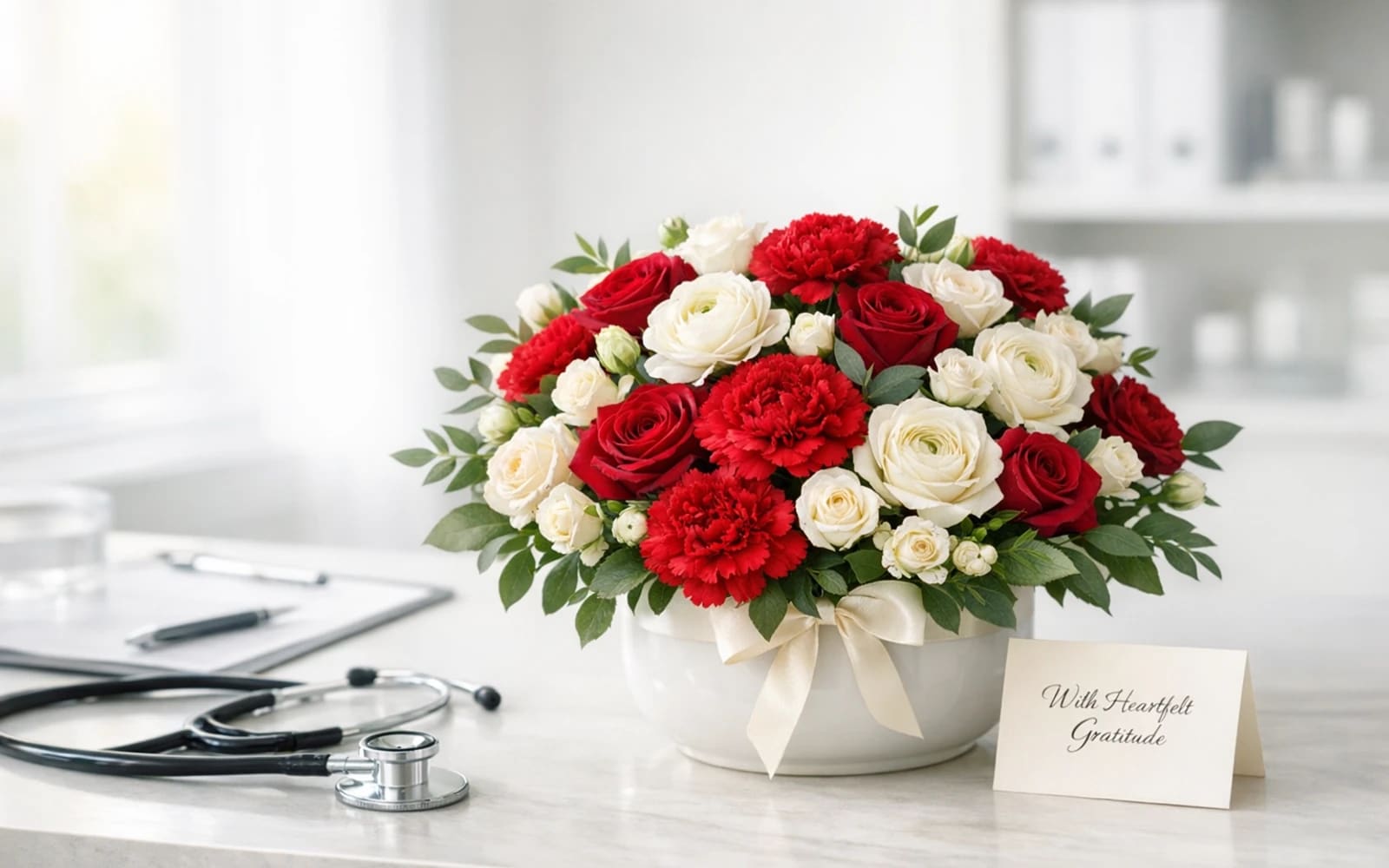 National Doctors' Day flowers with red carnations, red roses, and white roses, carnation red, deep rose, and clean white color direction, and premium grateful, professional, dignified, warm styling from Lina Flowers