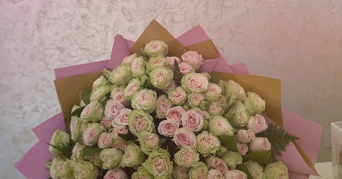 National Friendship Day flowers social share image with pink garden roses, coral ranunculus, and sunny tulips, bright pink, coral, and sunny yellow tones, and premium Lina Flowers styling