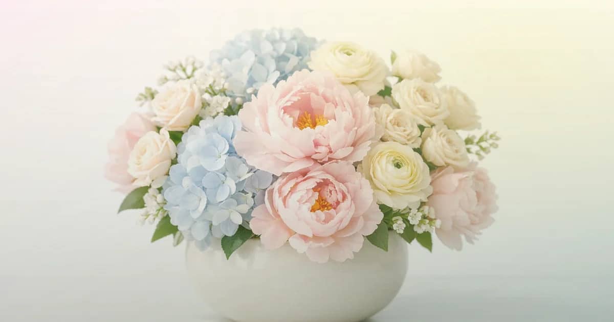 National Ice Cream Day flowers social share image with pink ranunculus, pale yellow tulips, and spray roses, sorbet pink, pale lemon, and mint green tones, and premium Lina Flowers styling
