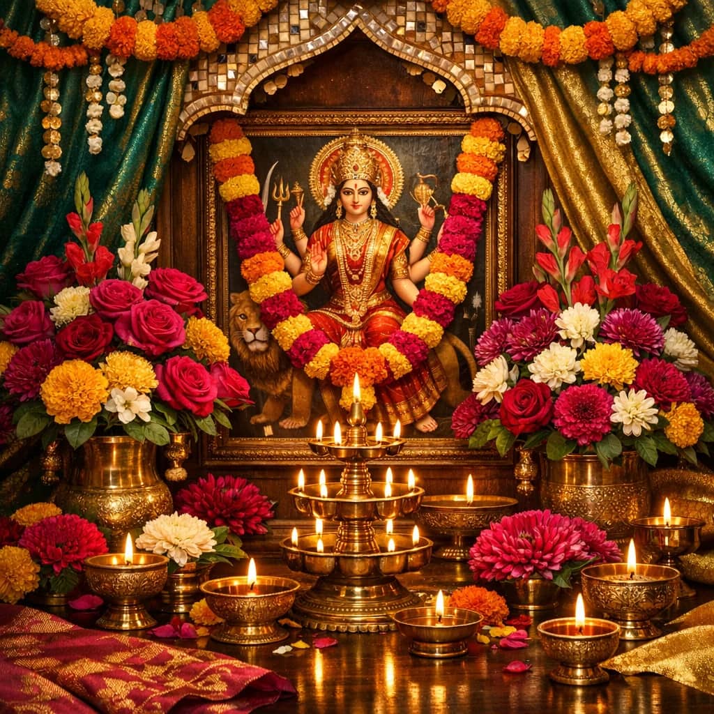 Navratri flowers preview with marigolds, magenta roses, and chrysanthemums in festival magenta, marigold gold, and emerald silk tones from Lina Flowers