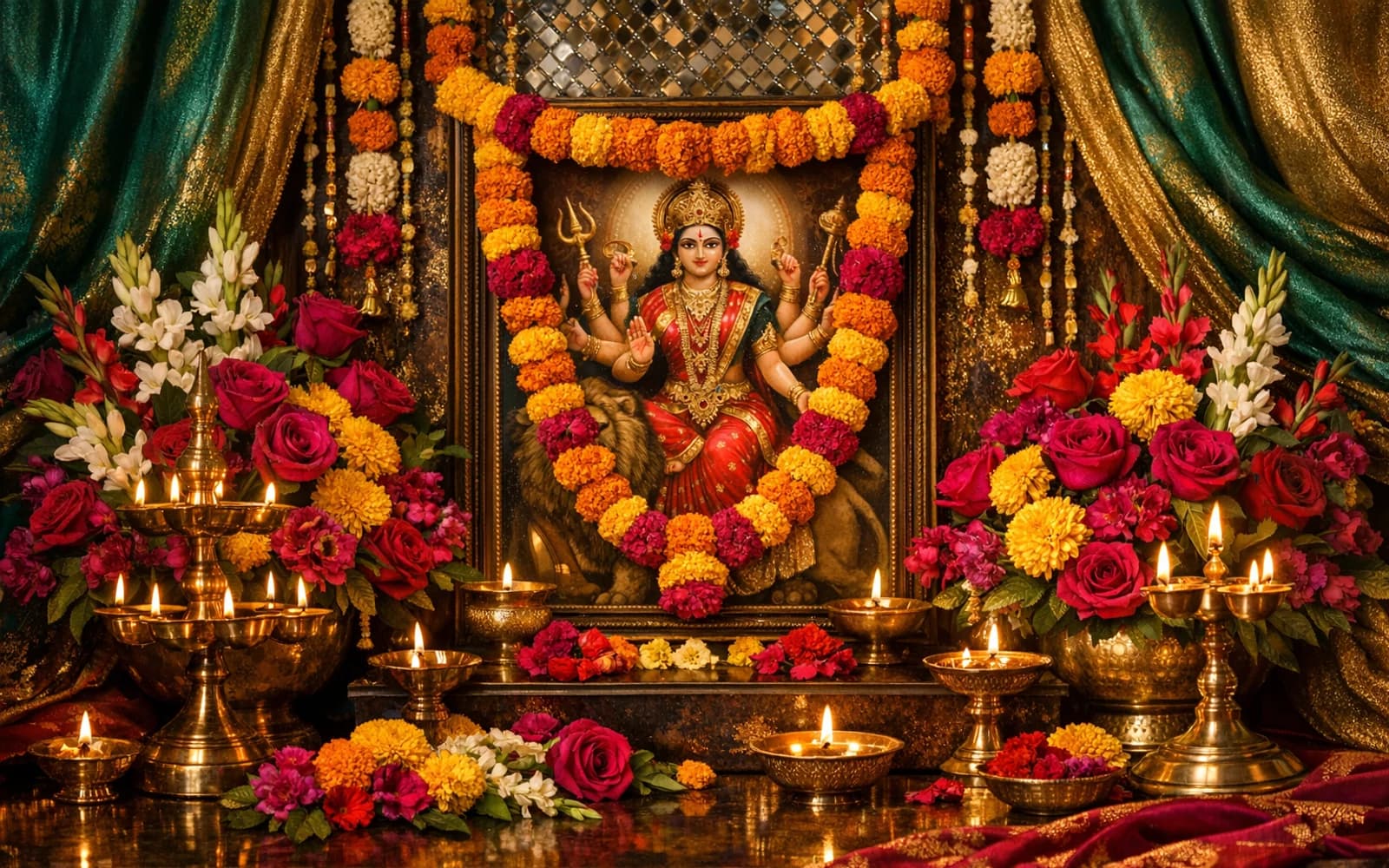 Navratri flowers collection banner with marigolds, magenta roses, and chrysanthemums and vibrant, devotional, festive, jewel-bright styling from Lina Flowers