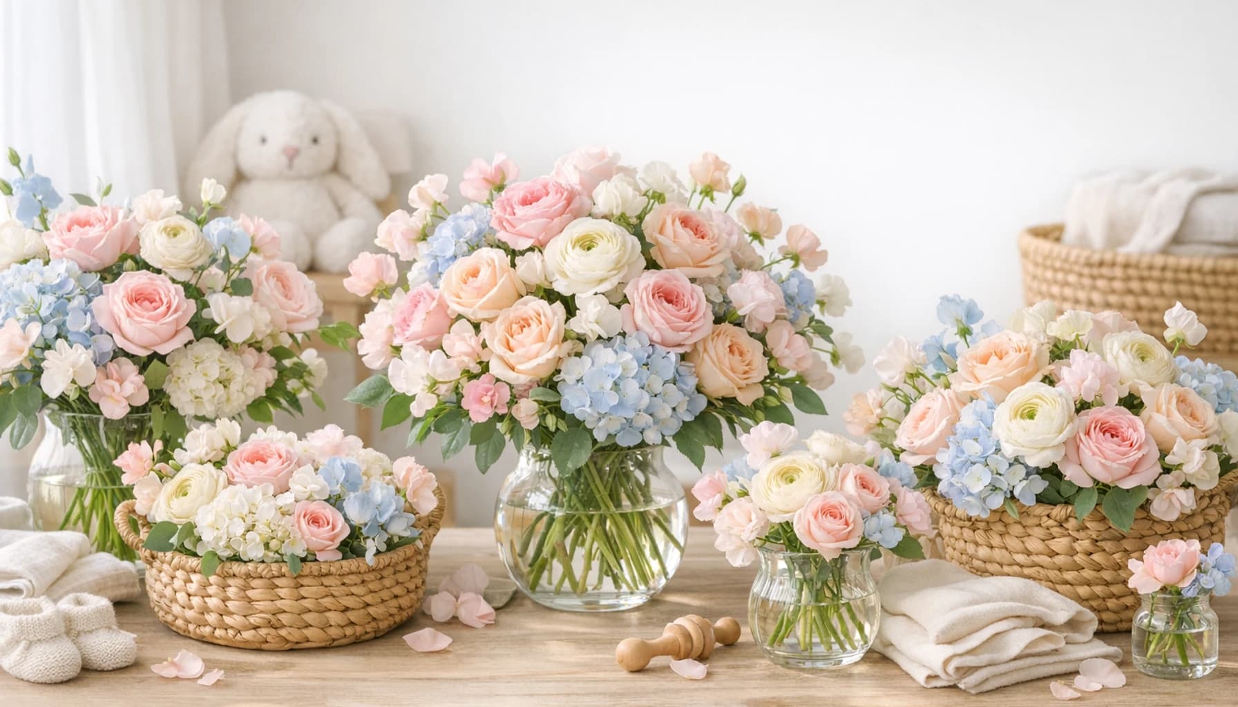 New Baby Flowers collection banner with roses, hydrangea, and ranunculus and tender, warm, soft, and celebratory styling from LiNa Garden
