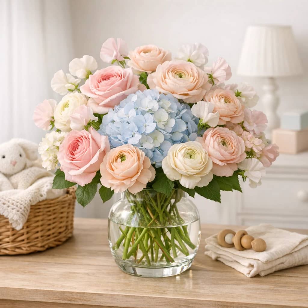New Baby Flowers preview with roses, hydrangea, and ranunculus in soft pink, powder blue, and cream tones from Lina Flowers