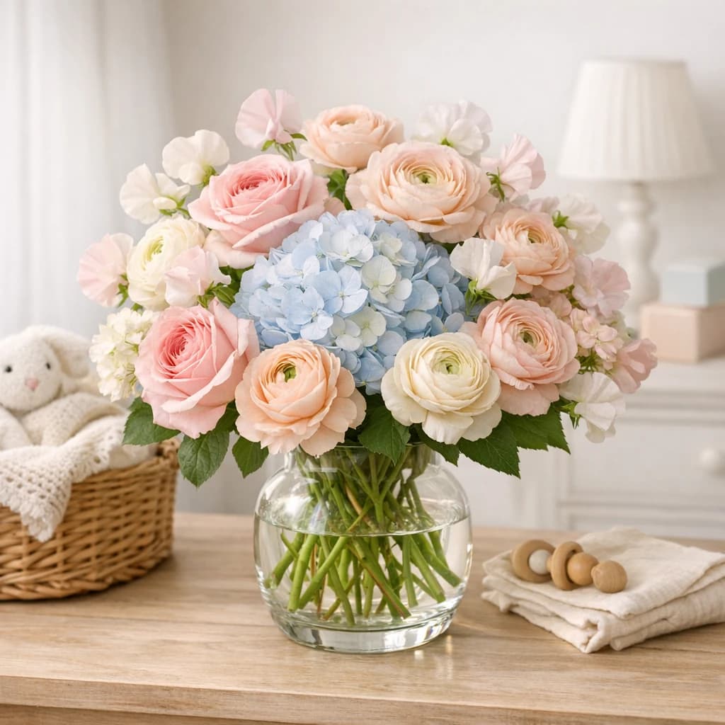 New Baby Flowers preview with roses, hydrangea, and ranunculus in soft pink, powder blue, and cream tones from Lina Flowers